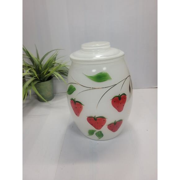 Vintage Strawberry Cookie Jar Bartlett Collins, White Glass & Red Strawberry - Picture 1 of 6